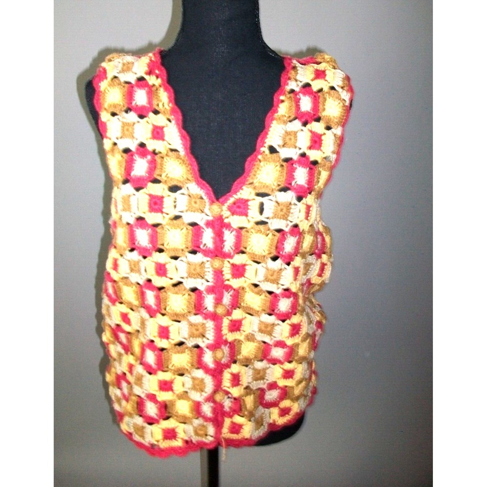 VTG Cape Isle Knitters Womens Hand Knit Crochet Sweater Vest S Multi 90s Cottage